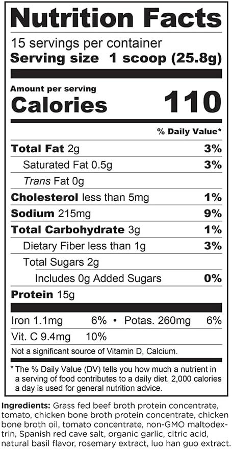 Ancient Nutrition Bone Broth Protein Powder, Tomato Basil, Grass-Fed Chicken and Beef Bone Broth Powder, 15g Protein Per Serving, Supports a Healthy Gut, 15 Servings