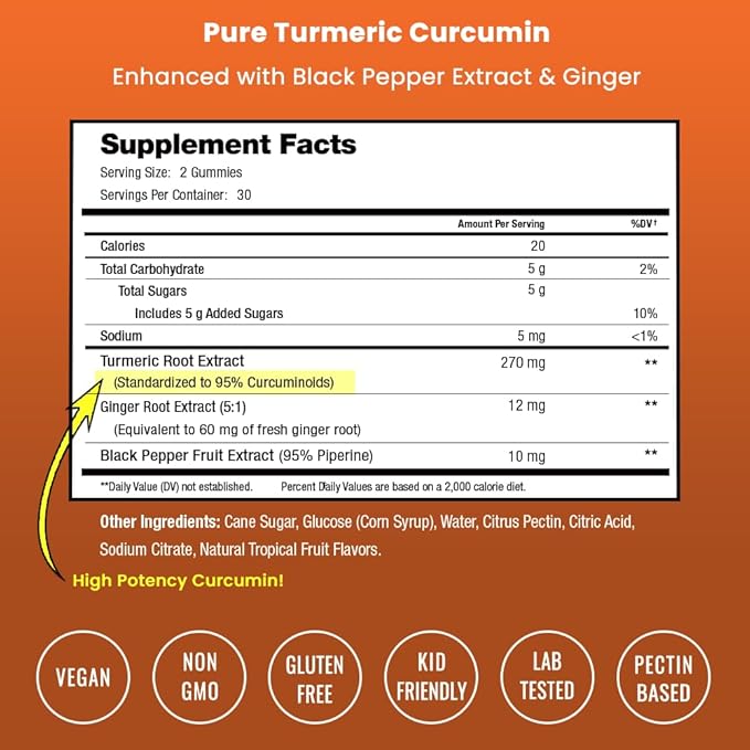 Turmeric Gummies for Adults & Kids with Ginger & Black Pepper Extract | 95% Curcuminoids | Vegan Natural Curcumin Joint Support Supplement | Tumeric Gummy Supplements