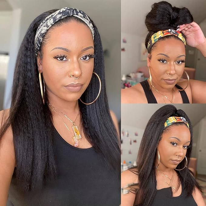 Kinky Straight Headband Wig Human Hair 180% Density 12A Headband Wigs for Black Women Glueless Yaki Headband Half Wig Human Hair Machine Made No Lace Front Headband Wig Natural Black Color 14 Inch