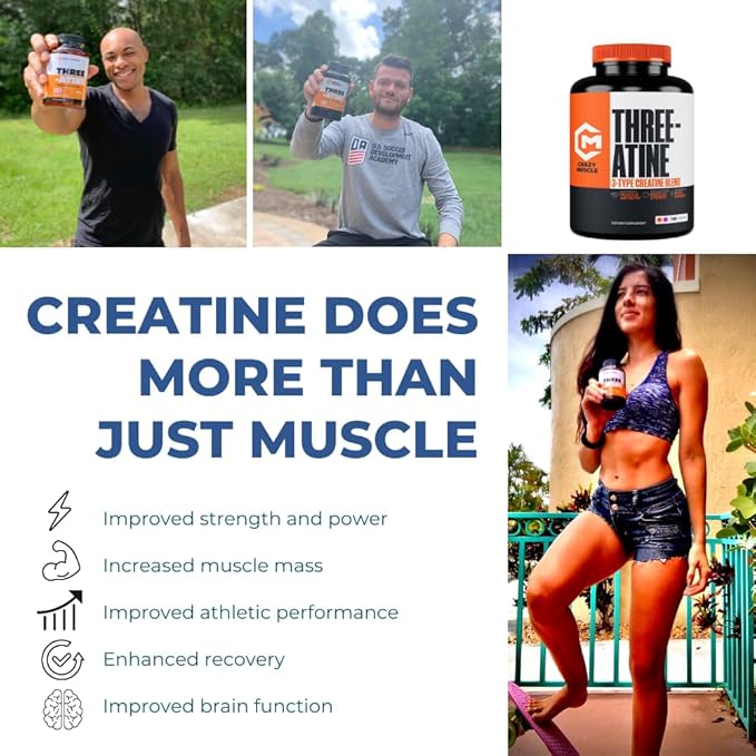 Creatine Capsules - 5g Premium 3X ThreeAtine Pre Workout Bulk Muscle Mass Gainer - High Absorption Easy-to-Take Creatine Monohydrate Pills Alternative Optimum Performance for Men Women - 180 Capsules
