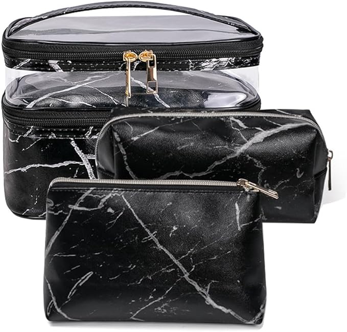 FITINI 3 Pieces Makeup Bags Double Layer Travel Large Cosmetic Cases Organizer Toiletry Bags Waterproof Small Zipper Pouch for Women Makeup Brush Storage Bag,Black Marble