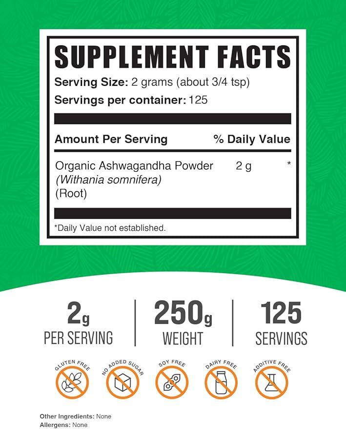 BulkSupplements.com Organic Ashwagandha Powder - Organic Ashwagandha Supplements, Sourced from Ashwagandha Root - Gluten Free, 2g per Serving, 250g (8.8 oz) (Pack of 1)