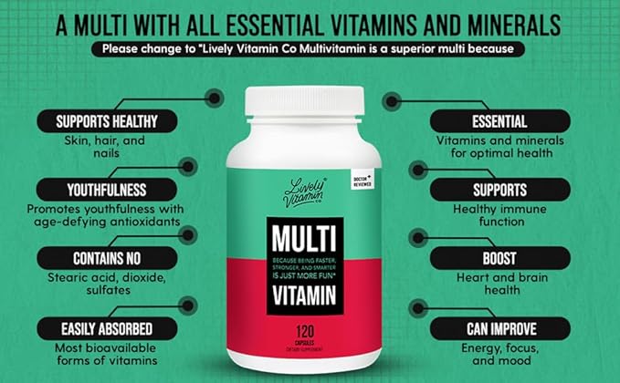 LIVELY VITAMIN CO. Multivitamin - 37 Vitamins Minerals and Extracts - Energy - Memory - Immune Function - Heart- Brain - Focus - Mood - Antioxidants - Dairy Gluten Soy Free - 120 Vegetarian Capsules