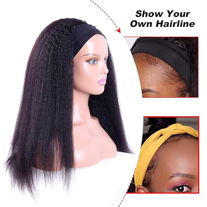 Headband Wigs Human Hair 180% Density 12A Kinky Straight Human Hair Headband Wigs For Black Women Yaki Straight Human Hair Wigs With Headband Attached Half Wig Natural Black Color 28 Inch