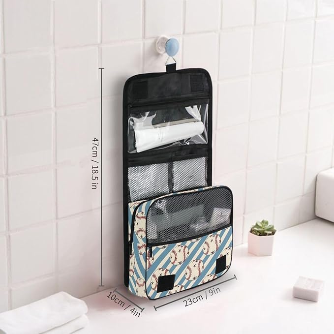 senya Hanging Travel Toiletry Bag Kit Boys Makeup Case Cosmetics Organizer for Men Women (Baseball Balls Star Blue Stipes)