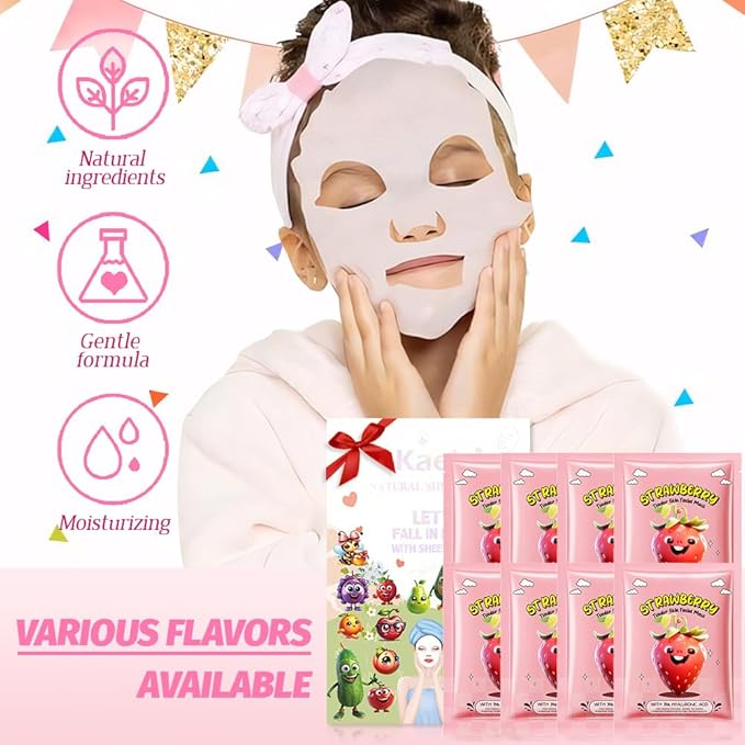 8 Pack Strawberry Face Mask,Pink Face Masks Spa Day kit Supplies for Teens Girls Women,Sheet Facial Mask Skincare for Kids Gifts Set,Hydrate Nourish Soothe for All Skin Types,Spa Party Favors