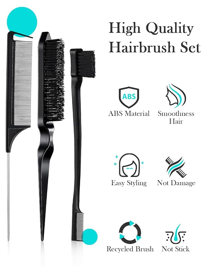 Hair Styling Brush Set - Slick Back Comb, Edge Control Brush, Rat Tail Comb for Smooth Styling, Frizz Taming, and Parting (3 Pieces)