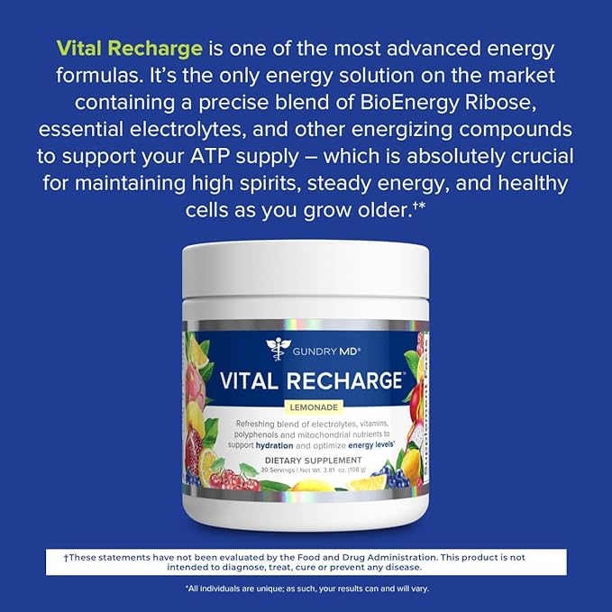 Gundry MD Vital Recharge Supplement Powder - Advanced Energy Formula with Electrolytes - Supports ATP Supply - 30 Servings