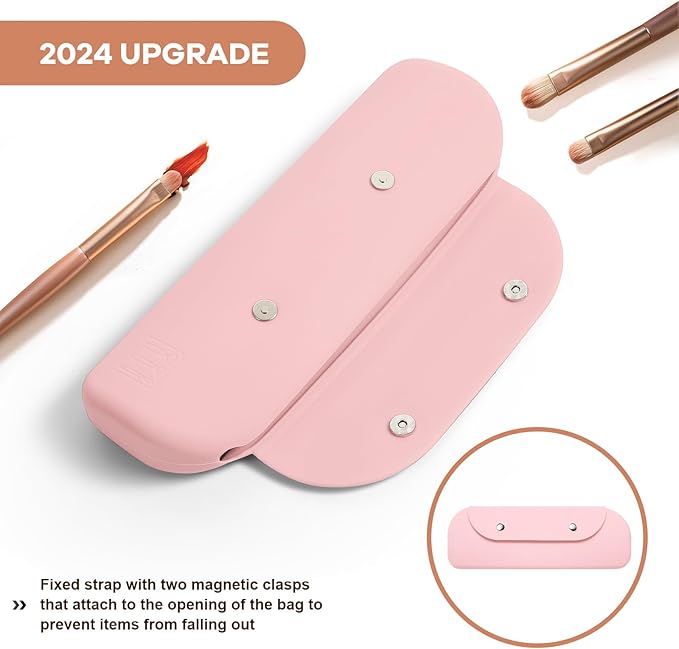 Silicone Makeup Brush Holder Travel Cosmetic Bag,Toiletry Organizer,Portable Cosmetic Organiser with Two Upgraded Anti-fall Off Magnetic Clips-Pink