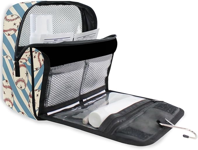 senya Hanging Travel Toiletry Bag Kit Boys Makeup Case Cosmetics Organizer for Men Women (Baseball Balls Star Blue Stipes)