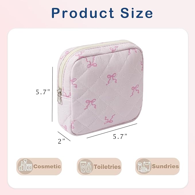 Small Quilted Cotton Makeup Bag for Purse, Cosmetic Bag with Compartments, Cotton Aesthetic Makeup Bag, Travel Toiletry Pouch, Lipstick Bag Card Holder Data Cable Organizer (11Small pink bow)