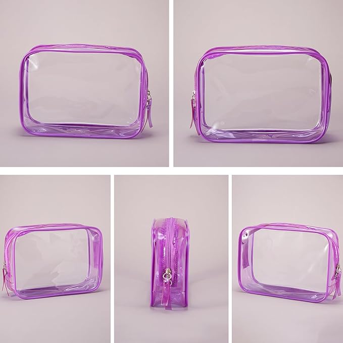 Clear Plastic Violet Zippered Toiletry Carry Pouch TSA Approved Toiletry Bag Portable Cosmetic Makeup Bag for Vacation, Bathroom and Organizing (Violet 3Pcs, Small)