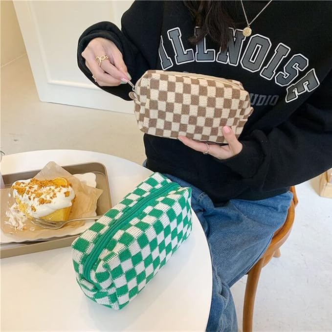 SxoSyo 2 Pcs Cosmetic Bags for Women Makeup Bag Purse Travel Toiletry Zipper Storage Pouch Make up Brushes Organizer for Gifts (Checkered, Brown 2)