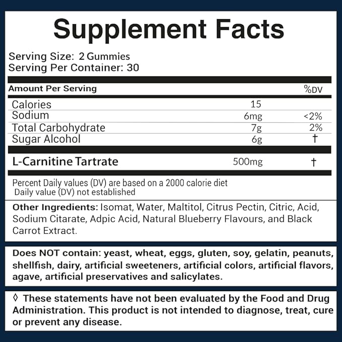 500mg L-Carnitine Gummies | L Carnitine Tartrate Pre Workout Supplement for Women and Men | Non-GMO, Vegan, Gluten-Free | Natural Blueberry Flavored Gummies… (60 Count)