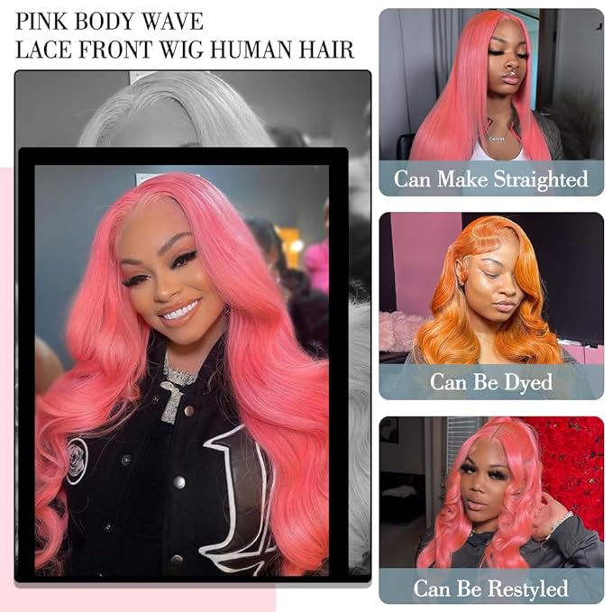 20 Inch Pink Lace Front Wig Human Hair 13x4 HD Lace Pink Body Wave Wig Human Hair Pre Plucked Colored Body Wave Wig Human Hair For Women 150% Density Strawberry Body Wave Lace Front Wig