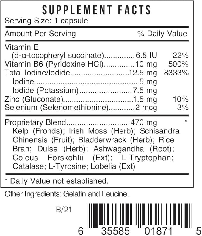 Systemic Formulas Bio Nutriment TMI Thyroid Metabolism + Iodine 60 Capsule #187. Iodine Supplement Thyroid Support for Women and Men Iodine Pills Kelp