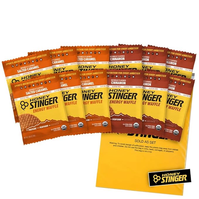 Honey Stinger Gluten Free Organic Waffles – Variety Pack With Sticker and Polybag – 12 Count – Energy Source for Any Activity – Salted Caramel & Cinnamon - 6 of Each Flavor