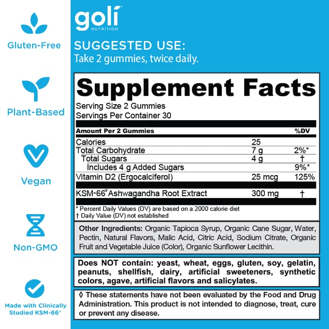 Goli Ashwagandha & Vitamin D Gummy - 180 Count - Mixed Berry, KSM-66, Vegan, Plant Based, Non-GMO, Gluten-Free & Gelatin Free Relax. Restore. Unwind, Pack of 3