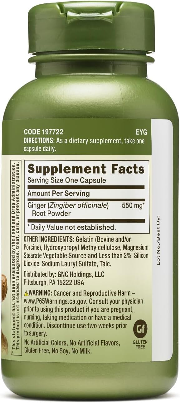 GNC Herbal Plus Ginger Root 550mg, 100 Capsules, Supports Digestive Health