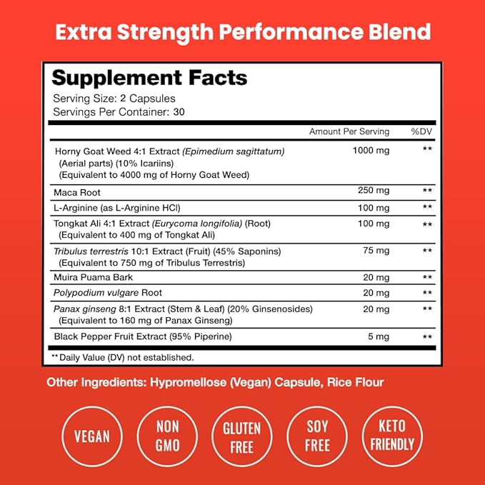 Horny Goat Weed for Men & Women | 1000mg Epimedium Energy Supplement | 10X Strength Icariin | Ginseng, Tribulus & Maca Pills for Women & Men | Enhanced Absorption with Black Pepper | 60 Vegan Capsules