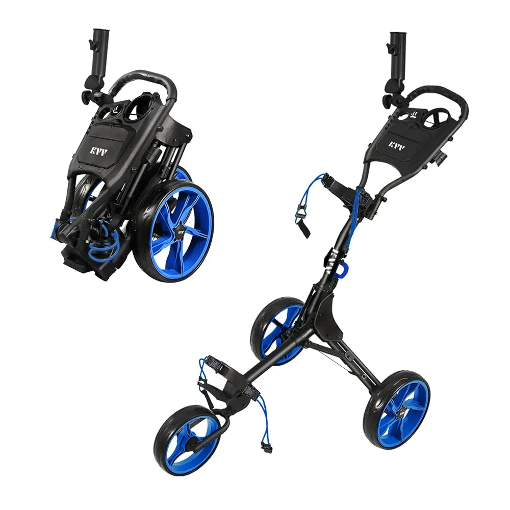 KVV 3 Wheel Golf Push Cart Ultra Lightweight Smallest Folding Size, New-Version Scorecard Holder