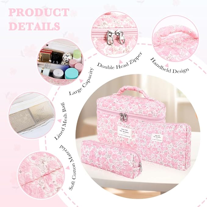 3Pcs Cotton Quilted Makeup Bag Set,Large Floral Cosmetic Bag,Aesthetic Toiletry Travel Makeup Bag Set and Cute Flower Bag for Women Girls (Pink Flower)
