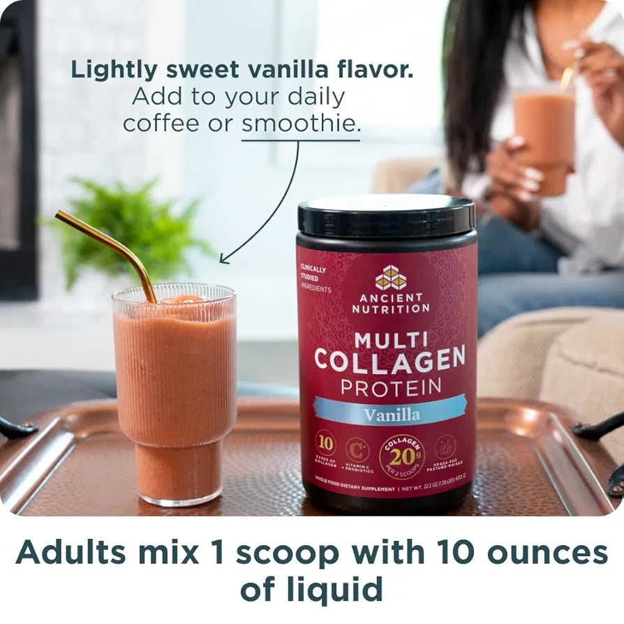 Ancient Nutrition Collagen Peptides Powder, Multi Collagen Protein, Women & Men, Vitamin C, Probiotics, Hydrolyzed Collagen, Supports Skin, Joints, Gut Health, Vanilla, 24 Servings