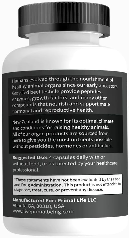Primal Being Grassfed Beef Testes, Supports Vitality, Libido, Hormonal Health, Male Reproduction - 120 Capsules, 2000mg per Serving