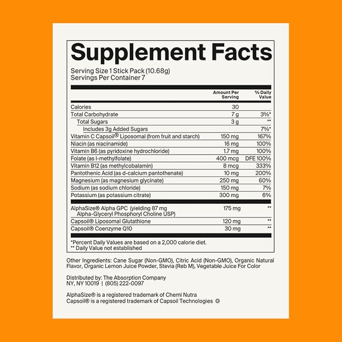 Electrolyte Powder Packets - Workout Recovery & Hydration Drink Mix with Liposomal Glutathione, Vitamin C & Methylated B Vitamins - Mango Lemonade (7 Sticks)