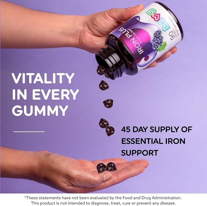 LIVS Iron Plus Gummy Vitamin | Iron with Vitamin C | Made in USA | Iron Gummies for Adults & Kids | All-Natural, Gluten-Free, Non-GMO & Vegan Iron Supplement Gummies | Grape Flavored, 90 Count