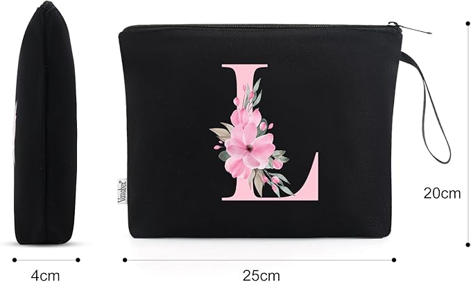 Vavabox A-Z Personalized Makeup Bag, Birthday Gifts for Women Mom, Gifts for Best Friend, Bride Bridesmaid Cosmetic bag (L, Black)