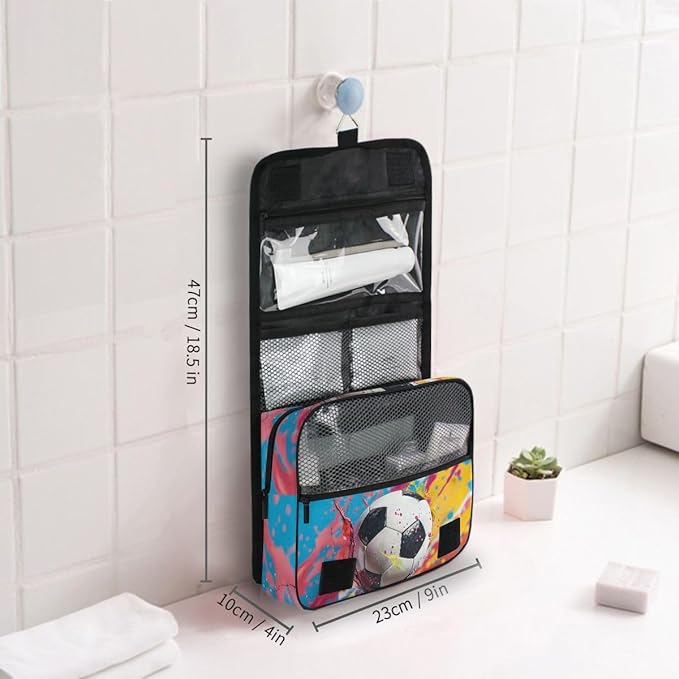 senya Hanging Travel Toiletry Bag Kit Boys Makeup Case Cosmetics Organizer for Men Women (Soccer Colorful)