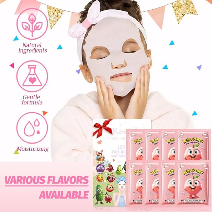 8 Pack Peach Fruit Face Mask,Pink Face Masks Spa Day kit Supplies for Teens Girls Women,Sheet Facial Mask Skincare for Kids Gifts Set,Hydrate Nourish Soothe for All Skin Types,Spa Party Favors