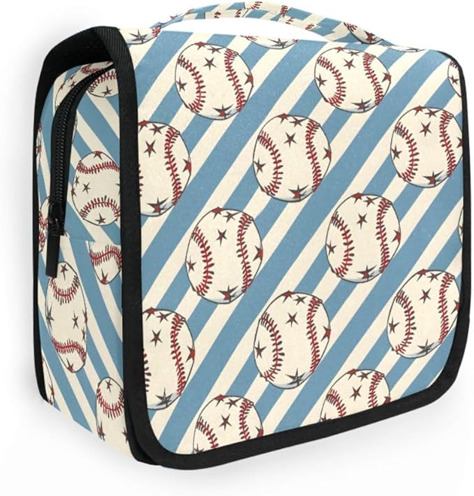 senya Hanging Travel Toiletry Bag Kit Boys Makeup Case Cosmetics Organizer for Men Women (Baseball Balls Star Blue Stipes)