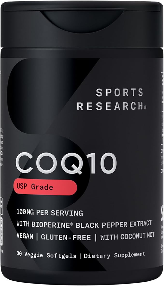 Sports Research CoQ10 (100mg) Enhanced w/Coconut Oil & Bioperine (Black Pepper) for Better Absorption | Vegan, Non-GMO Verified (30 Veggie Softgels)