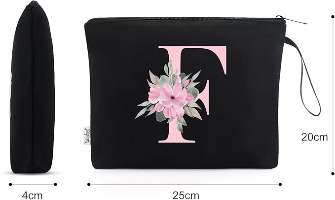 Vavabox A-Z Personalized Makeup Bag, Birthday Gifts for Women Mom, Gifts for Best Friend, Bride Bridesmaid Cosmetic bag (F, Black)