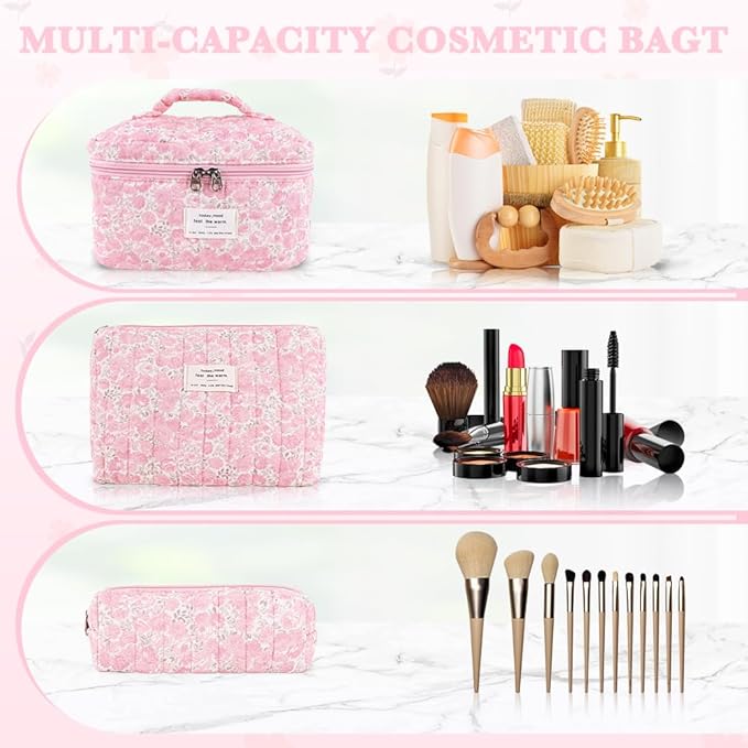 3Pcs Cotton Quilted Makeup Bag Set,Large Floral Cosmetic Bag,Aesthetic Toiletry Travel Makeup Bag Set and Cute Flower Bag for Women Girls (Pink Flower)