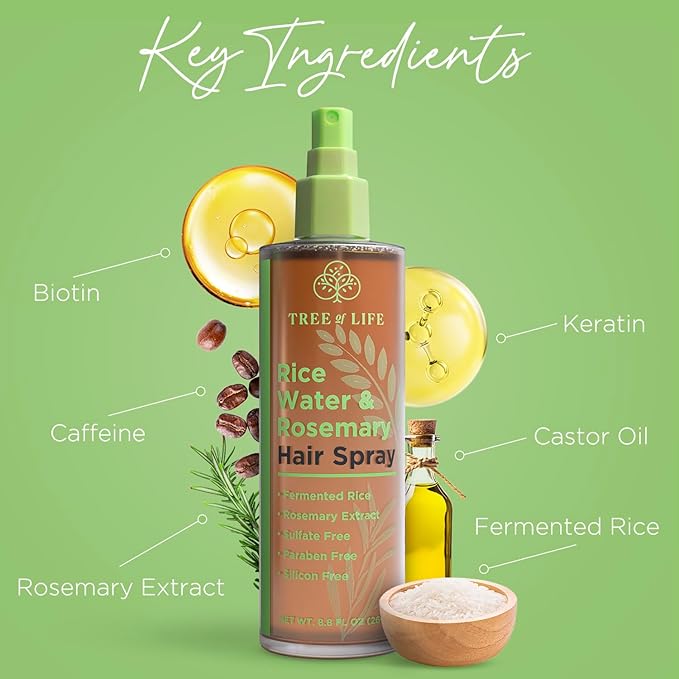 Tree of Life Beauty Rice Water Hair Spray Rosemary Water Spray for Hair Growth (8.8 fl oz) - Hair Thickening Fermented Rice, Caffeine, Rosemary Extract, Biotin, Keratin and Castor Oil Scalp Care