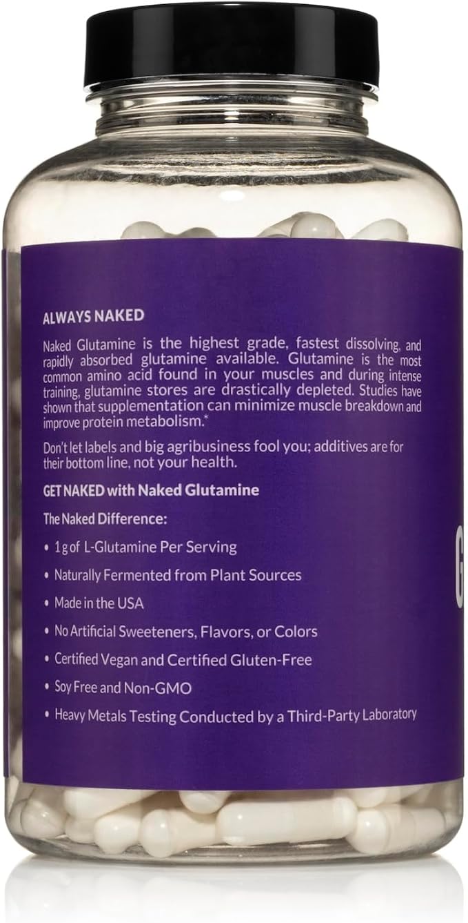 Naked L-Glutamine Muscle Recovery Capsules, 1000mg, 240 Count, Made in The USA, Non-GMO, Gluten and Soy Free