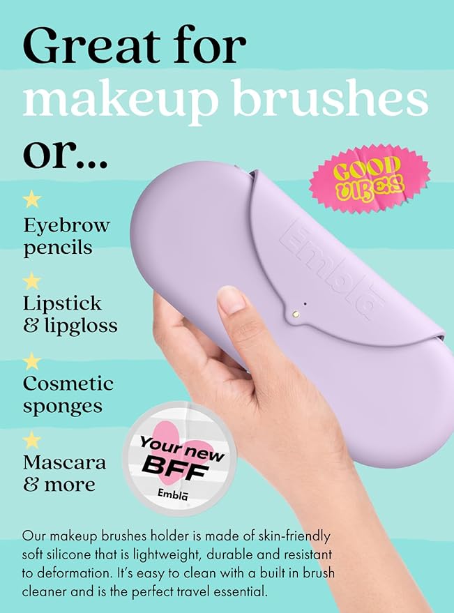 Embla Makeup Brush Holder Travel Cosmetic Case Pouch, Soft Silicone Cosmetic Bag Make Up Brushes Holder with Secure Snap Closure, Travel Makeup Brush Case, Lilac