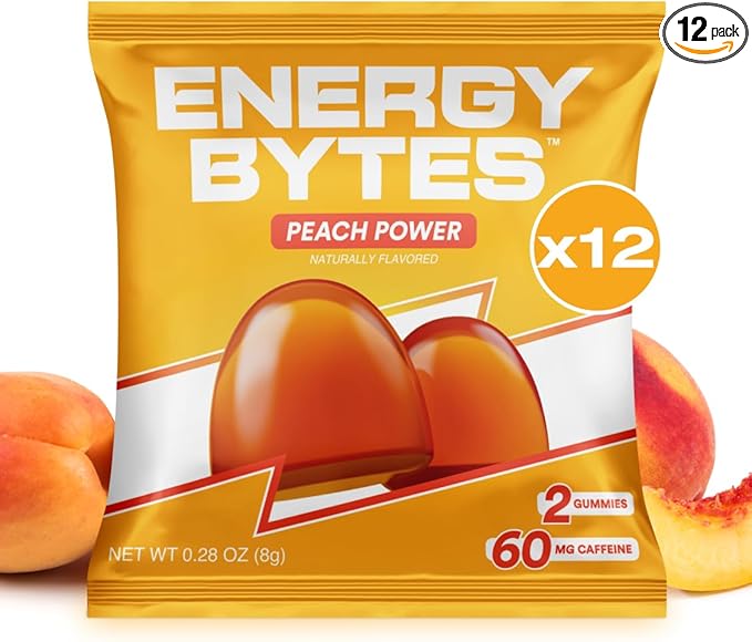 Energy Bytes Caffeine Gummies | Instant Energy Chews for Running, Cycling and Sports Performance | Vegan, Low Sugar | Peach Power (12-Pack)