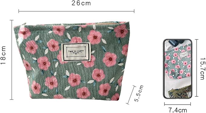 Flower Fabric Makeup Bag for Purse, Vintage Corduroy Cosmetic Pouch Bag, Portable Travel Handbag for Women Girls (Green with white flowers)