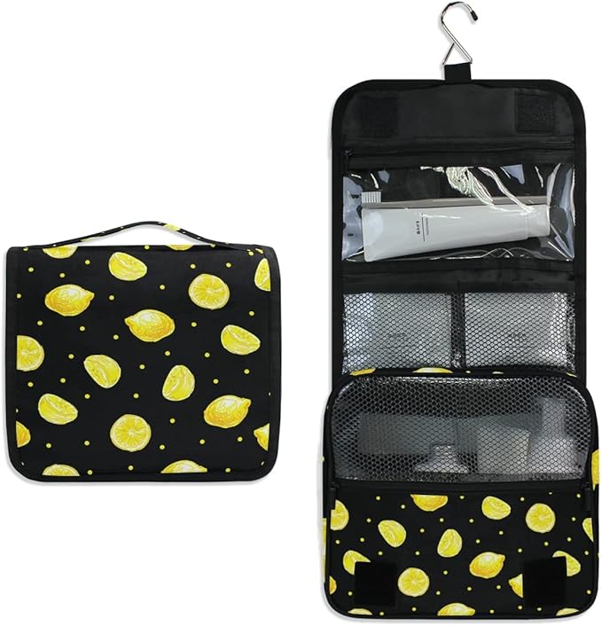 senya Hanging Travel Toiletry Bag Kit Boys Makeup Case Cosmetics Organizer for Men Women (Yellow Lemons)