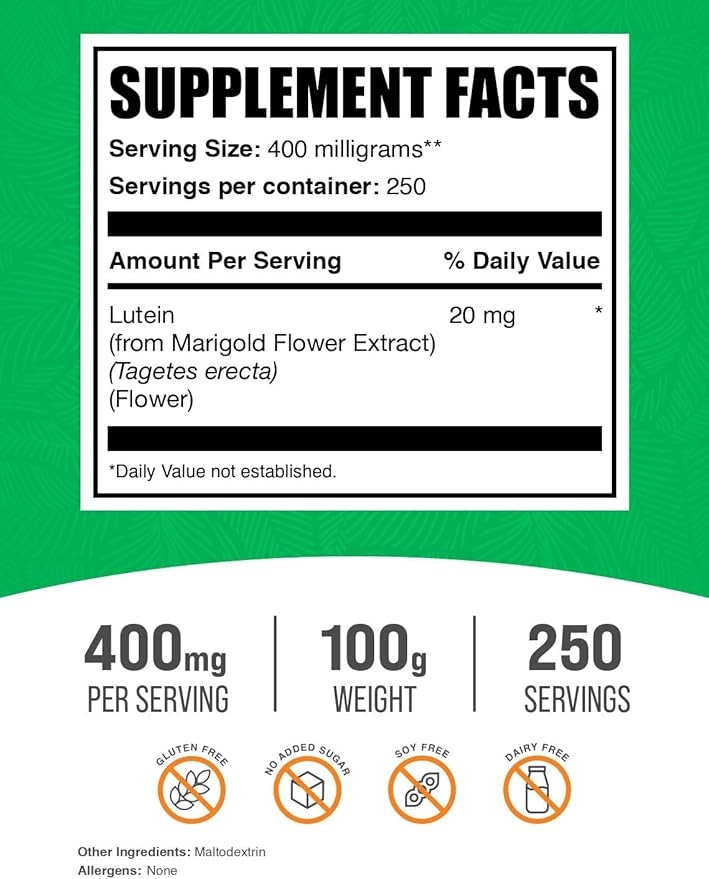 BulkSupplements.com Lutein Powder - from Marigold Flower Extract, Lutein Supplement, Lutein 20mg - Antioxidant Source, Gluten Free, 400mg per Serving, 100g (3.5 oz) (Pack of 1)