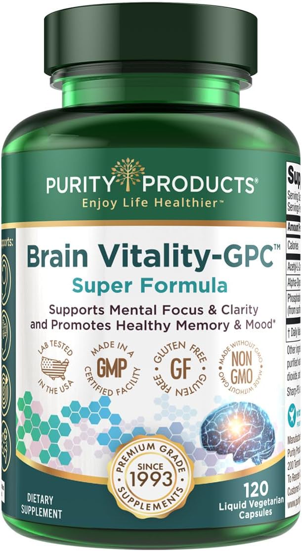Purity Products Brain Vitality-GPC Super Formula Acetyl L-Carnitine HCI + Alpha GPC + Phosphatidlyserine - Supports Normal Concentration and Mental Clarity - 120 Caps