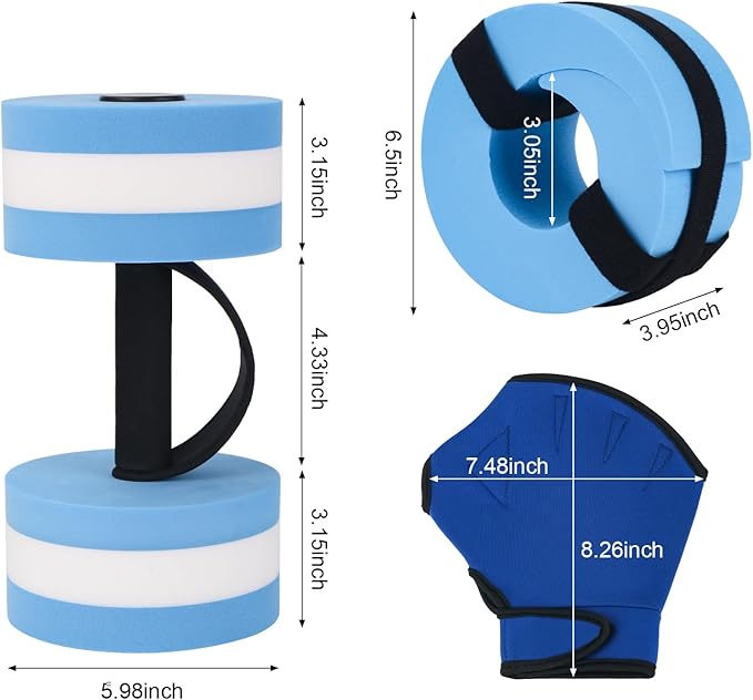 NEAGLORY 6 Pieces Aquatic Exercise Set Water Aerobics Set Pool Fitness Equipment Foam Water Dumbbell, Swim Aquatic Cuffs, Swimming Gloves for Exercise, Blue