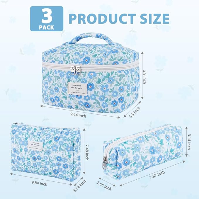 3Pcs Cotton Quilted Makeup Bag Set,Large Floral Cosmetic Bag,Aesthetic Toiletry Travel Makeup Bag Set and Cute Flower Bag for Women Girls (Blue Flower)