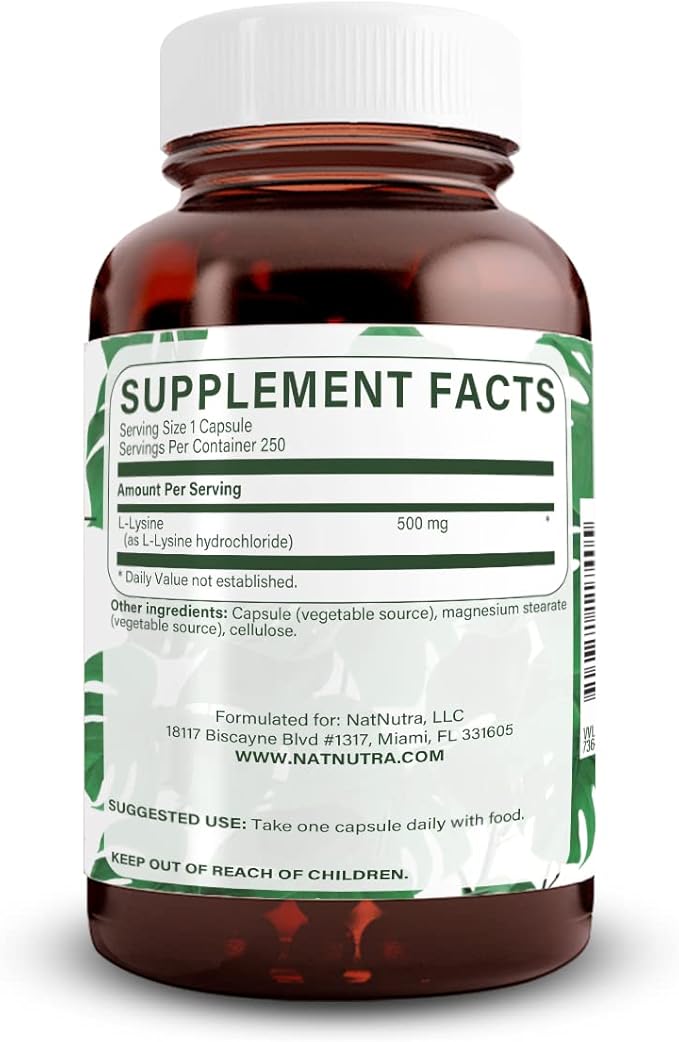 Natural Nutra L Lysine HCl, Promotes Bone Health and Growth, Improve Calcium Absorption, Non-GMO, Vegan, 500 mg, 250 Capsules.
