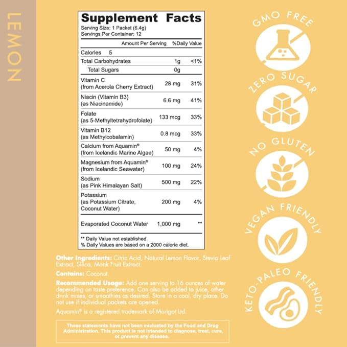 Holistix Electrolyte Powder: Zero Sugar Hydration | Enhanced with Icelandic Marine Algae | Natural Flavors | Keto & Paleo Friendly | 12 Stick Packs (Lemon)