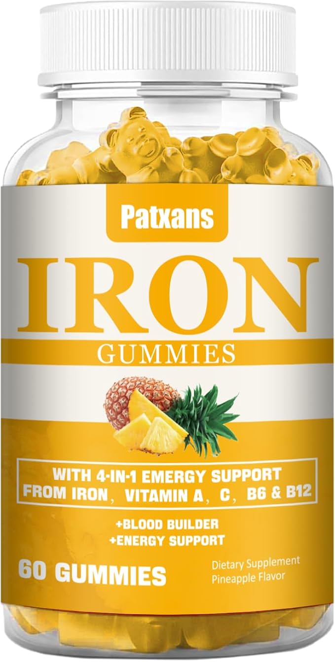 1 Pack 100MG Iron Supplement Gummies for Women & Men - with Vitamin A, C, B - Blood Builder & Energy Support for Iron Deficiency, Anemia, Adults & Children, Vegan, Pineapple Flavor Gummy, 60ct